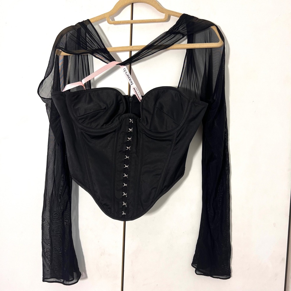 House of CB‎ Mina Corset Top Womens L Black Mesh Long Sleeves Sexy Goth Party - Picture 2 of 8